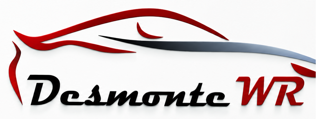Logotipo Desmonte WR — silhueta de carro em vermelho e aço
